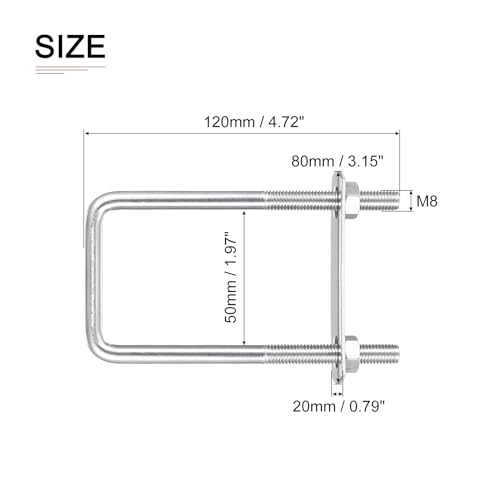 Image of DTGN M8x50x120mm(ThreadxWxL) Square U Bolt - 2Pack - Good for Trailer Pipe Replacement Parts - 304 Stainless Steel U Shape Bolts