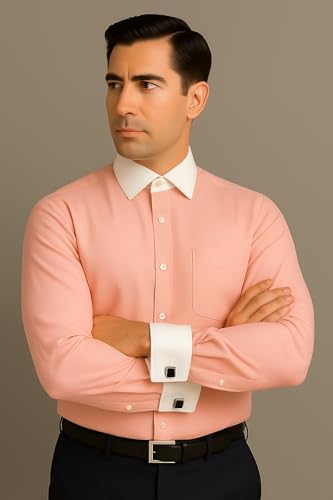 Image of Men's Premium Cotton Formal Dress Shirt - White Collar & French Cuffs with Cufflinks | Solid White, Micro Check & Striped for Office, Wedding