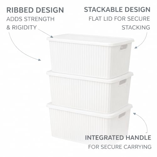 Image of Plastic Storage Box with Lid - Large Stackable Organizer Storage Box for Clothes, Toys, Kitchen - Big Size Plastic Storage Container Basket for Home, Office, Bathroom(Large,Pack of 2,White)