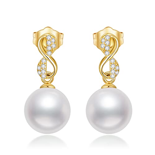 14K Real Gold Infinity Pearl Earrings For Women, Yellow Gold Cultured Pearl Drop Infinity Dangle Stud Earrings Anniversary Jewelry Gift For Her (7-7.5Mm Handpicked Pearl) #TOP7