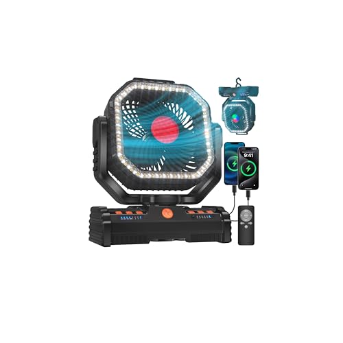 EEIFO 12 Inch Camping Fan,40000mAh Portable Fan with LED Lantern Light,Cool white & Warm White Dimmable Fans, Oscillating Fan with 360&deg; Rotation Hanging Hook for Tents, Cordless USB Desk Fan(Black)