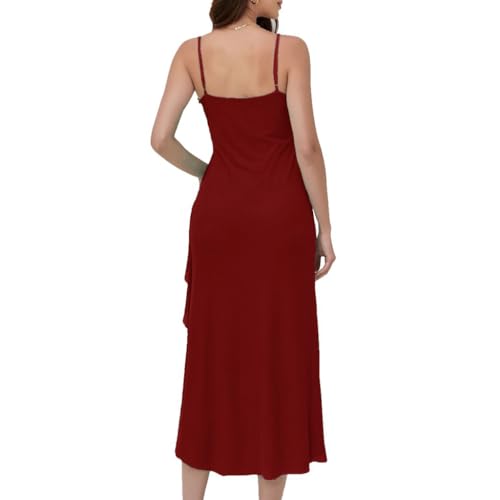 Image of Women's Spaghetti Strap Ruffle Side Split Long Dress Bodycon Beach Maxi Dresses