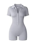 OQQ Women Yoga Rompers Ribbed V Neck Stretch Tummy Control Exercise Rompers Grey