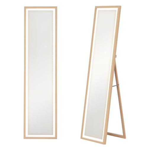HOMCOM Grand Miroir Pleine Longueur 40 x 160 cm avec éclairage LED 3 Couleurs et Support, Miroir Mural ou sur Pied rectangulaire pour Chambre à Coucher Salon et Dressing, chêne