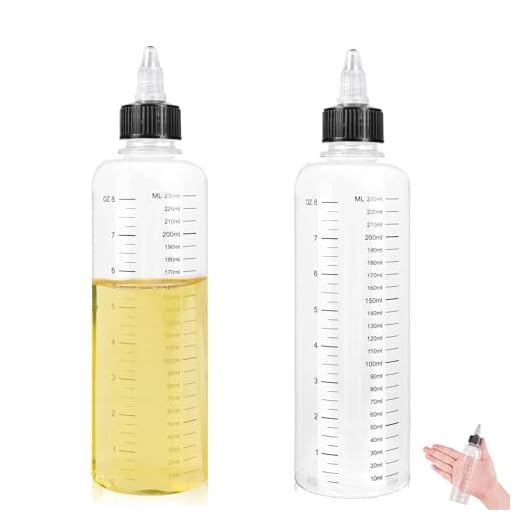 Yudobliss knijpfles 250 ml, 2 stuks doseerflessen, transparante dispenserfles met schaal, multifunctionele kunststof fles met deksel, kan worden gebruikt voor schilderen, bakken, sauzen, inkt, oliën