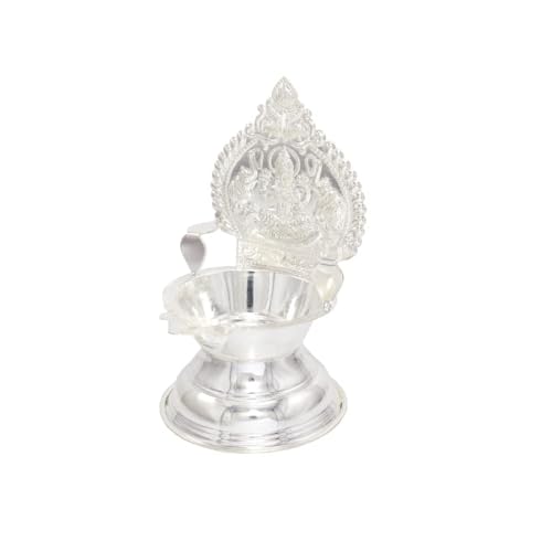 Image of Sterling Silver Kamakshi Amman Vilakku | Velli Kamatchi Devi Diya | Gaja Lakshmi Oil Lamp | Lakshmi Deepam for Pooja & Gifting