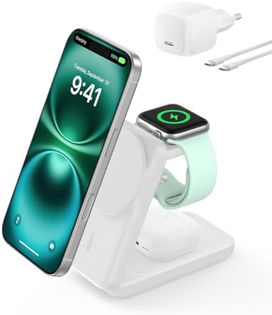 Belkin UltraCharge Chargeur Induction 3 en 1 Qi2, Station de Charge Magnétique 25W, Chargeur sans Fil avec MagSafe pour iPhone 17, iPhone Air, Apple Watch, AirPods, Pixelsnap avec Chargeur 45W, Blanc