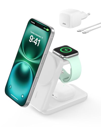 Belkin UltraCharge Chargeur Induction 3 en 1 Qi2, Station de Charge Magnétique 25W, Chargeur sans Fil avec MagSafe pour iPhone 17, iPhone Air, Apple Watch,...