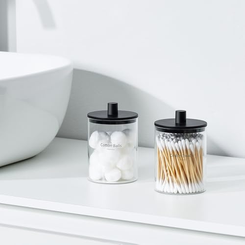 3-Pack-Glass-Qtip-Holder-Dispenser-10-oz-Clear-Canister-Apothecary-Jar-Bathroom-Vanity-Storage-Organizer-Set-for-Cotton-Swabs-Pads-Floss-Picks-Small-Containers-for-Makeup-Storage-Black
