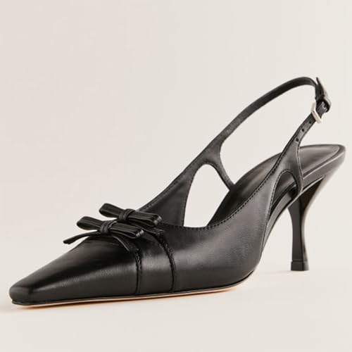 Slingback Kitten Heels for Women Pointed Toe Bow Pumps Cute Low Heel Stiletto Heeled Sandals Comfort Dress Wedding Shoes with Buckle Ankle Strap4