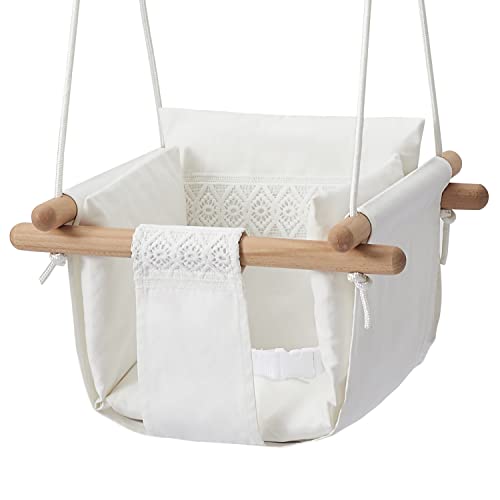Image of Secure Baby Swing Seat with Safety Belt - Baby Canvas and Wooden Swing Chair with Lace Décor Cushion -Indoor Swing for Infants & Baby Swing Outdoor - Tree Toddler Swing for Backyard Outside, White