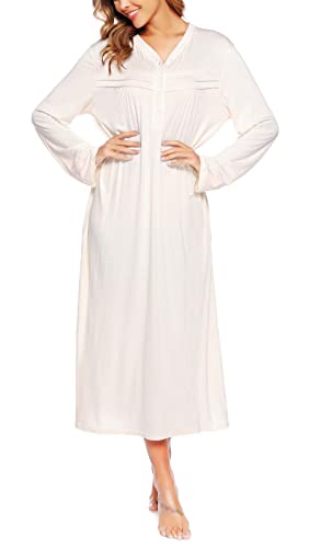Vlazom Chemise de Nuit Femme Manches Longues Grande Taille avec Boutons sur Le Devant,M,Blanc