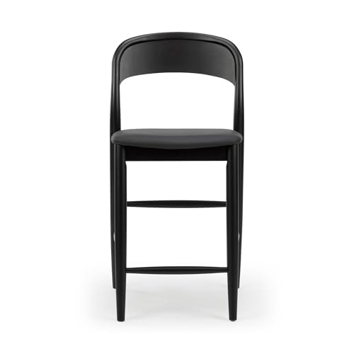 Image of Plank+Beam Loar Upholstered Counter Stool, Solid Rubberwood, Mid-Century Modern Kitchen Bar Chair, Curved Back, Low-VOC Finish, Counter Height Seating, Black /Black