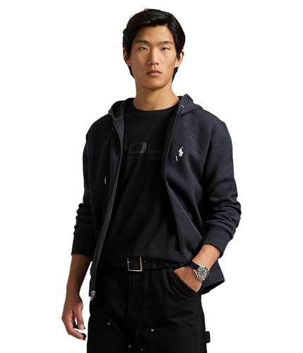 POLO RALPH LAUREN Men's Double-Knit Full-Zip Hoodie, Black Marl Heather, L