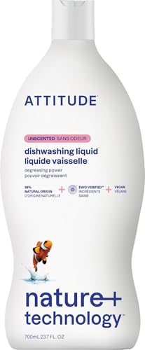Image of ATTITUDE Dish Soap, EWG Verified, Plant-Based & Vegan Dishwashing Liquid, Naturally Derived, Unscented, 23.7 Fl Oz