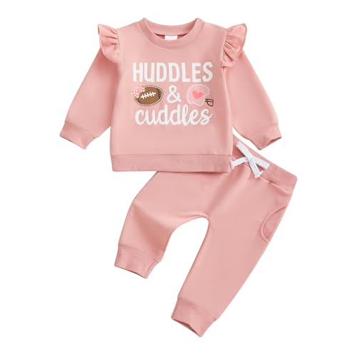 Toddler Baby Girl Fall Outfit Cute Pink Ruffle Sleeve Baby Pants Set with ​Football Huddles & Cuddles Print