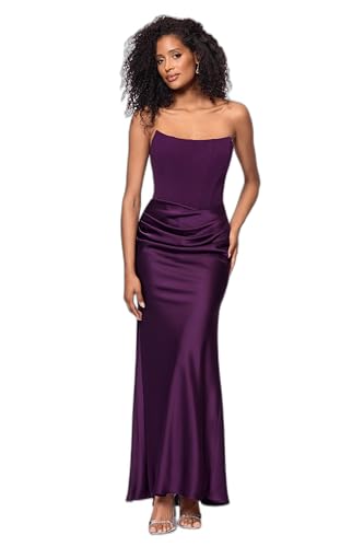 Betsy & Adam Women's Floor-Length, Strapless, Boned Corset Detail, with Ruched Skirt, Plum