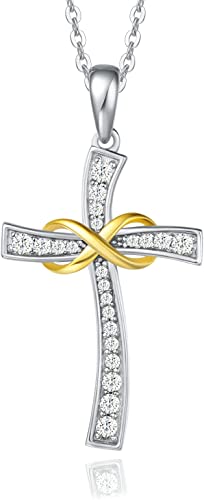 FANCIME White Gold Plated 925 Sterling Silver Royal Crown Yellow Infinity Cross Crucifix Pendant Necklace Jewelry Gift for Women Girls, 18 INCHES with Extender
