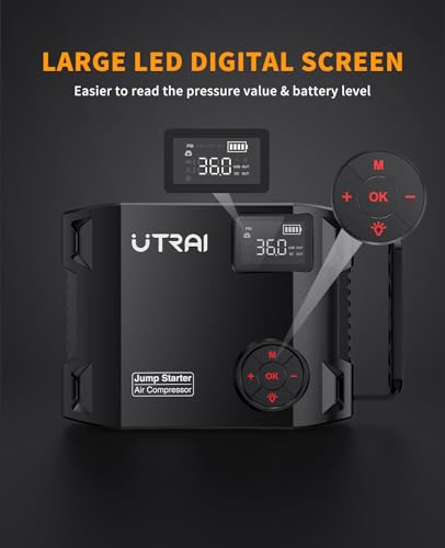 Image of Car Jump Starter with Air Compressor, UTRAI Portable Car Battery Jump Starter 5000A Peak 12V Car Battery up to Jump Box All Gas / 8.0L Diesel with Tire Inflator, DC 160W Jump Start Battery Pack