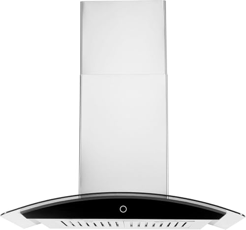Image of Hauslane Wall Mount Range Hood 30 Inch | Contemporary Stainless Steel & Tempered Glass | Onyx Black Panel, 3-Speed Touch Control, LED Lights, Baffle Filters | Vented or Ductless with Charcoal Filters