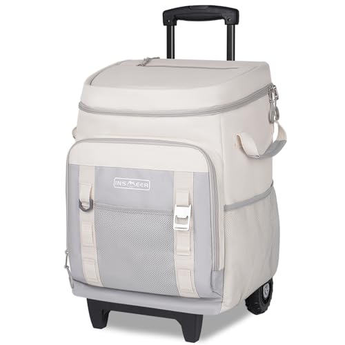 Image of INSMEER Cooler with Wheels and Handle, 80 Cans /50L Rolling Cooler, Portable Soft Sided Cooler with Wheel, 2-in-1 Collapsible Trolley Cart, Large Coolerbag for Grocery Shopping
