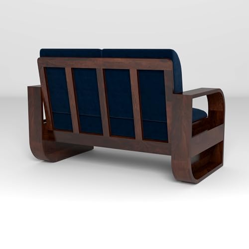 Image of Solid Sheesham Wooden 2 Seater Sofa Set with Blue Cushion for Living Room Furniture - Walnut Finish