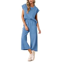 AGSEEM Conjunto de duas peças para mulheres, de verão, de manga curta, calças largas, roupas para loungewear e férias na praia, Azul, G