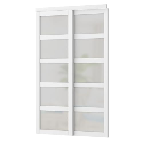 ARKHJEM Sliding Closet Door, 60\"×80\"(Double 30\"), Double Frosted 5 Panel Glass Sliding Door, Hardware Include, Pre-Drilled Door Panel Need to Assemble, MDF, White