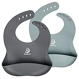 Bear&Joy Silicone Bibs for Babies, 2 Pack Baby Silicone Bibs, Soft Adjustable Fit Waterproof Bibs, Feeding Bibs with Food Catcher Pocket for Toddlers Girls Boys Kids - Dark Gray/Light Blue