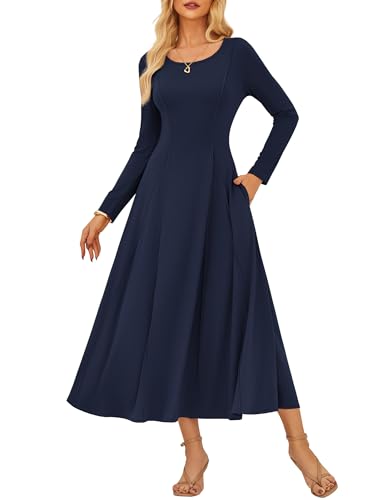 GRACE KARIN Damen Elegant Freizeitkleid Hochzeitsgast Kleider Langarm Herbst Maxikleid Navy blau M