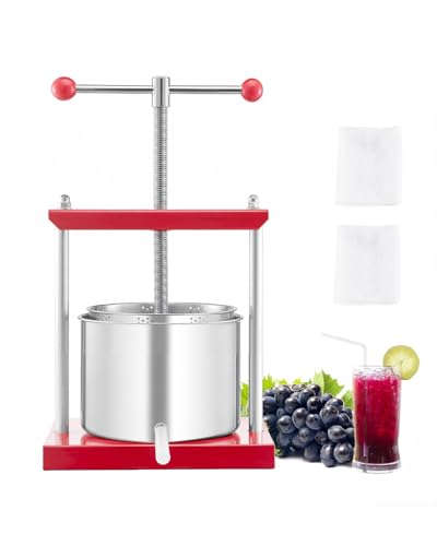 VEVOR Prensa de Vino de Frutas 6 L, 2 Barriles de Acero Inoxidable, para Sidra, Manzana, Uva, Tintura, Aceite de Oliva, con Mango en T para Cocina al Aire Libre y Hogar, 300 x 242 x 675 mm, Rojo