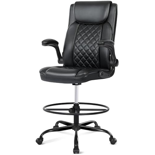 Misolant Drafting Chair with Footrest Ring, Tall Office Chair for Standing Desk, PU Faux Leather Bar Counter Height Chairs with Adjustable Height, 360° Swivel Wheels for Garage Office, Black