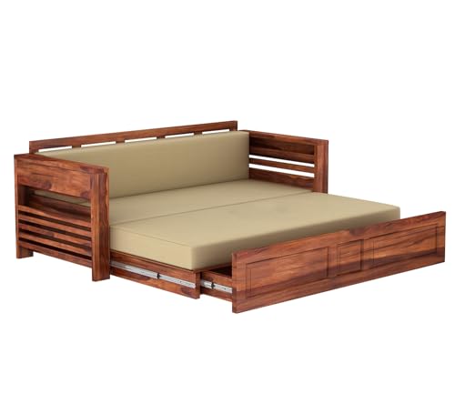Image of Mamta Furniture Solid Sheesham Teak Wood 3 Seater Sofa Cums Bed for Home Furniture, Living Room Wooden | Without Pillow | with Storage | Natural Finish - Brown