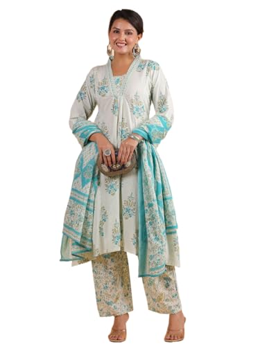 Image of Vbuyz Women Floral Print With Mirror Work Cotton Kurta Palazzo With Dupatta