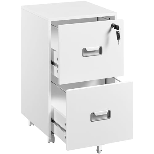 Yaheetech Cajonera de Oficina Móvil con 2 Cajones y Cerradura Mueble Archivador con Ruedas y Frenos Barras Colgantes Ajustables para Carpetas A4/Carta 40x40x66,5 cm Blanco
