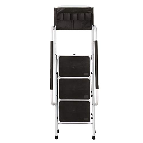 SUPPORT PLUS Folding 3-Step Safety Step Ladder - Padded Side Handrails - Attachable Tool Pouch Caddy