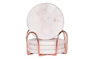 CentraLit Round White Marble Coasters Set of 4 with Stand - Bar Wine Coasters for Table - Set of 4 Vintage Handmade Marble Stone Coaster Set with Holder (Round Shape) (Rose Gold Stand)