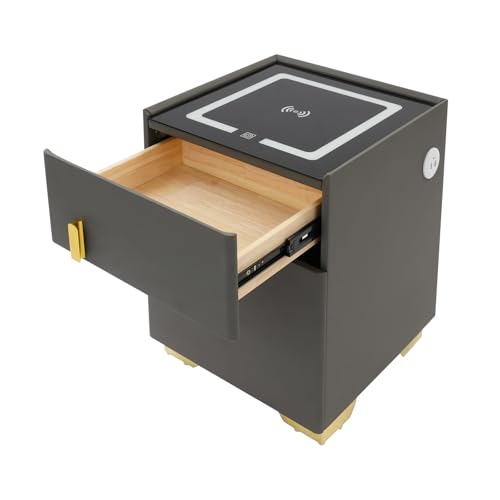 jiumxliu Table de chevet avec coffre-fort et haut-parleur Bluetooth, table de chevet intelligente avec USB, lumière tricolore, port de charge sans fil et mot...