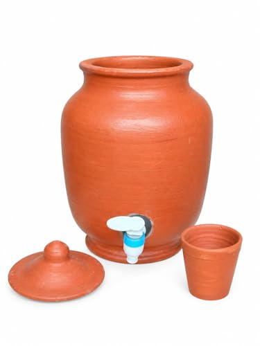 Image of KUYAVAN MUDPANDAM 5 Litre Clay Water Pot with Tap & Lid | Terracotta Matka with 200 ML Clay Glass | Natural Cooling Earthen Water Dispenser for Home & Kitchen