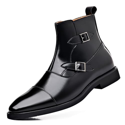 Men's Leather Cap Toe Buckle Chelsea Boots with Side Zipper British Style Slip-On Low Block Heel Chukka Ankle Boots Casual Business Formal Dress Boots
