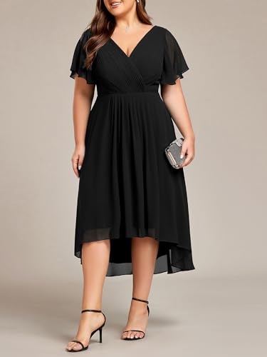 Image of Ever-Pretty Plus Summer Short Sleeves V-Neck Formal Wedding Guest Dresses for Curvy Women Chiffon Midi Cocktail Party Dress