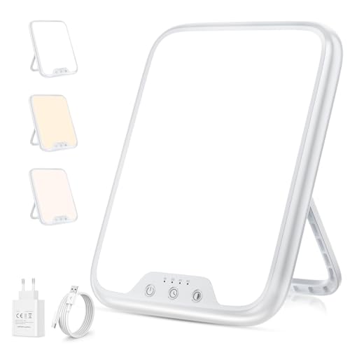 VTHW Tageslichtlampe, 10000 Lux Lichttherapielampe mit Memory Funktion, 4 Timer, 3 Lichtfarben Sonnenlicht Lampe mit Knopf-Steuerung, Stufenlosem Dimmen, 90° Halterung, für Hause/Büro