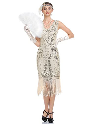 PrettyGuide Vestido feminino estilo melindrosa com lantejoulas e franjas estilo anos 20 Art Deco Vin