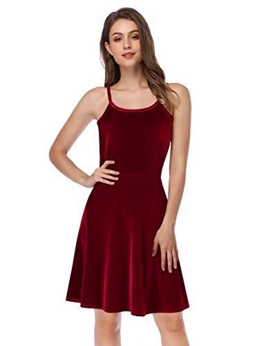 Leadingstar Women's Velvet Sexy Strap Cocktail Party Mini Dress (Burgundy, M)