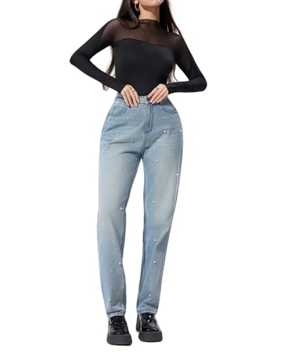 LERK Women Pearl Mid Waist Regular Fit Ankle Length Straight Jeans with Pockets4