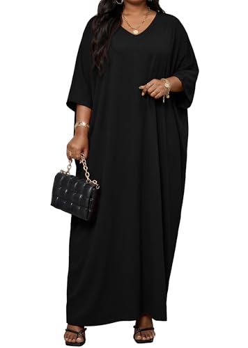 Image of Runwind Plus Size Maxi Dress for Women Short Sleeve V Neck Casual Long Dresses with Pockets