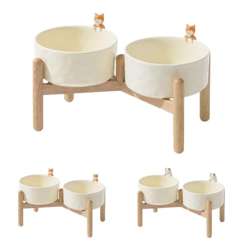 SJGEIDM ペット 餌入れ スタンド付きセラミック食器 犬 ご飯皿 水入れ 木製食事台 中小型犬用 フードボウル 滑り止め 洗いやすい 電子レンジ 食洗機 対応 (柴犬+柴犬,15.5cm+ダブルボウル+ダブルクロスラック)