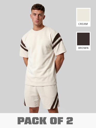 Image of CHKOKKO Men's Co-Ord Set Premium Cotton Blend Oversized T-Shirt & Shorts Cord Set with Side Pockets Round Neck Half Sleeves Solid with Contrasting Stripes Summer or Casual Wear