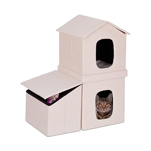 Relaxdays Casa Gato 2 Niveles Plegable, Casita Tejado MDF, 2 Entradas, Cama-Cueva Gatito, Almacenaje, 86x75x44 cm, Beige