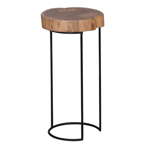 FineBuy Beistelltisch Massiv-Holz Wohnzimmer-Tisch Metallbeine Landhaus Baumstamm-Form Echt-Holz Natur Farbe wählbar Braun